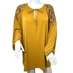 Susan Graver Tunic Top Yellow XL Sequined Shoulders Round Neck,Ties Charms Gift